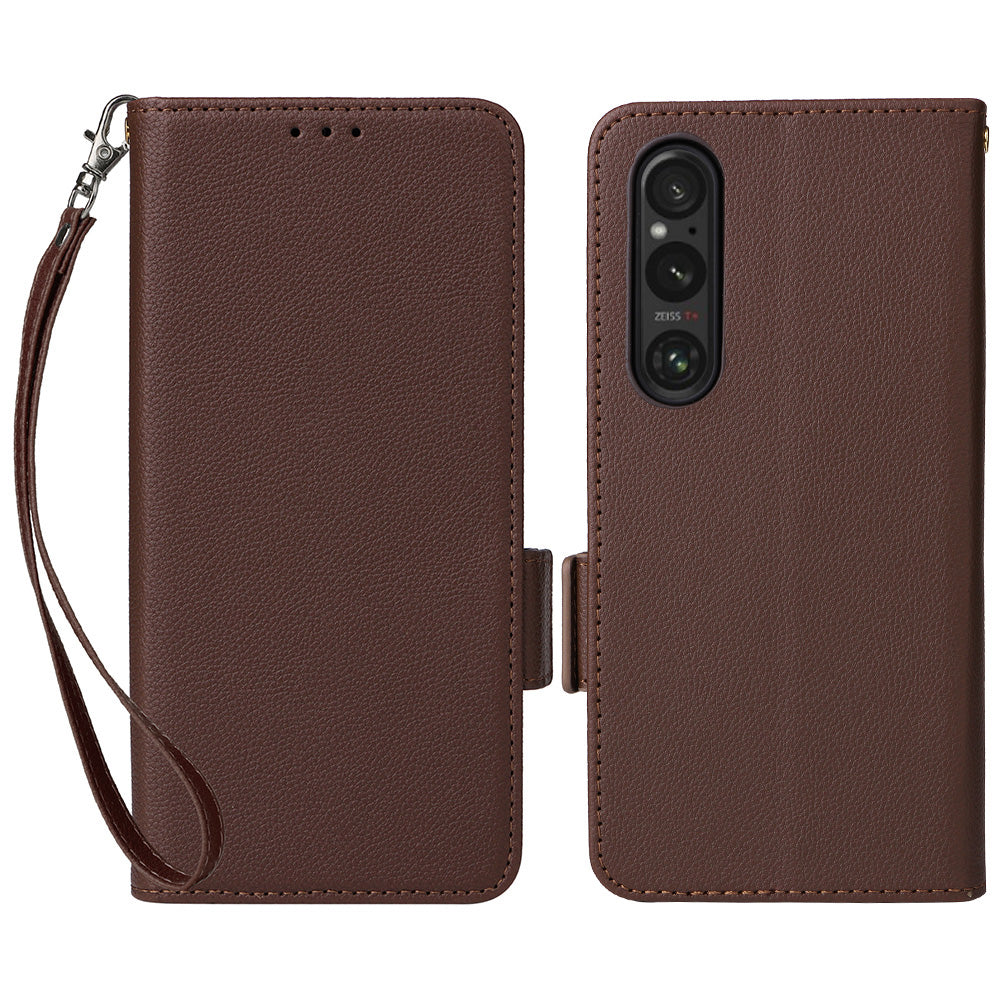 For Sony Xperia 1 VI Case with Hand Strap Litchi Texture Stand Phone Cover - Brown