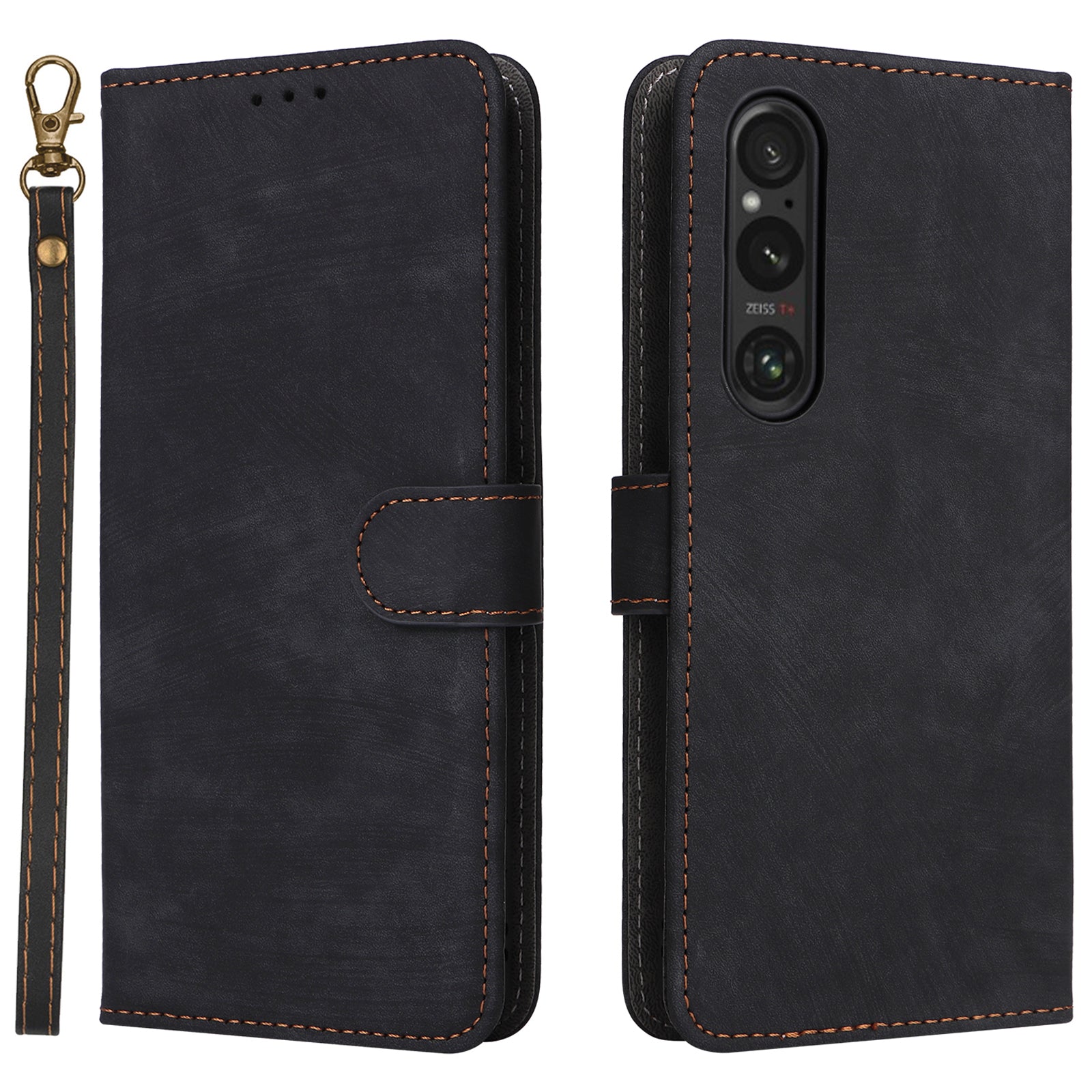 For Sony Xperia 1 VI Leather Case RFID Blocking Wallet Cover with Wrist Strap - Black