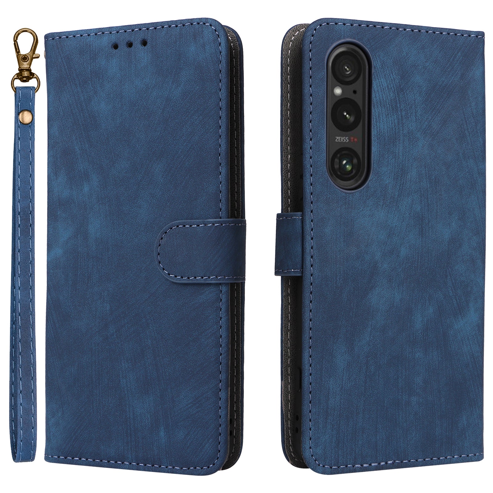 For Sony Xperia 1 VI Leather Case RFID Blocking Wallet Cover with Wrist Strap - Blue