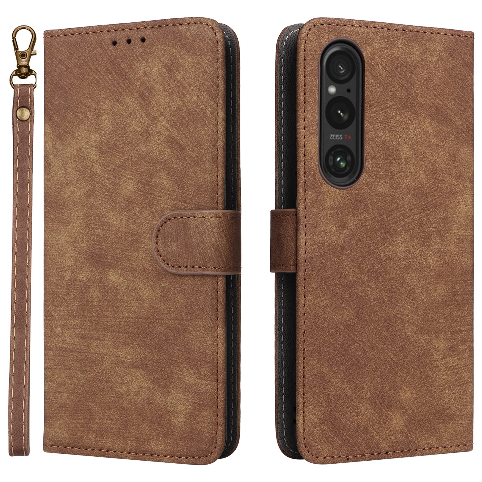 For Sony Xperia 1 VI Leather Case RFID Blocking Wallet Cover with Wrist Strap - Brown