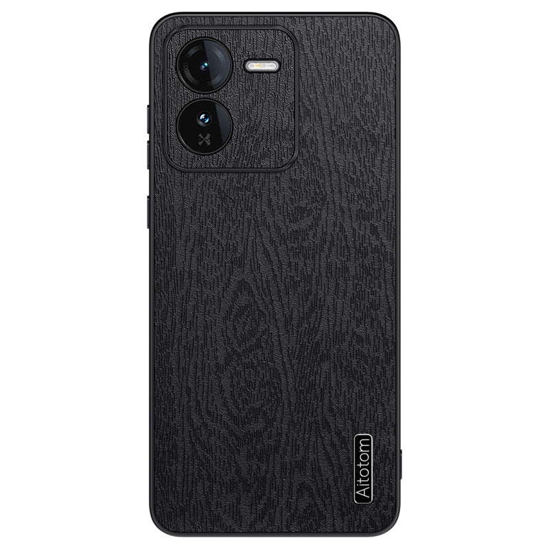 For vivo iQOO Z9 5G Case Wood Texture Leather Coating PC+TPU Bump Proof Phone Shell - Black