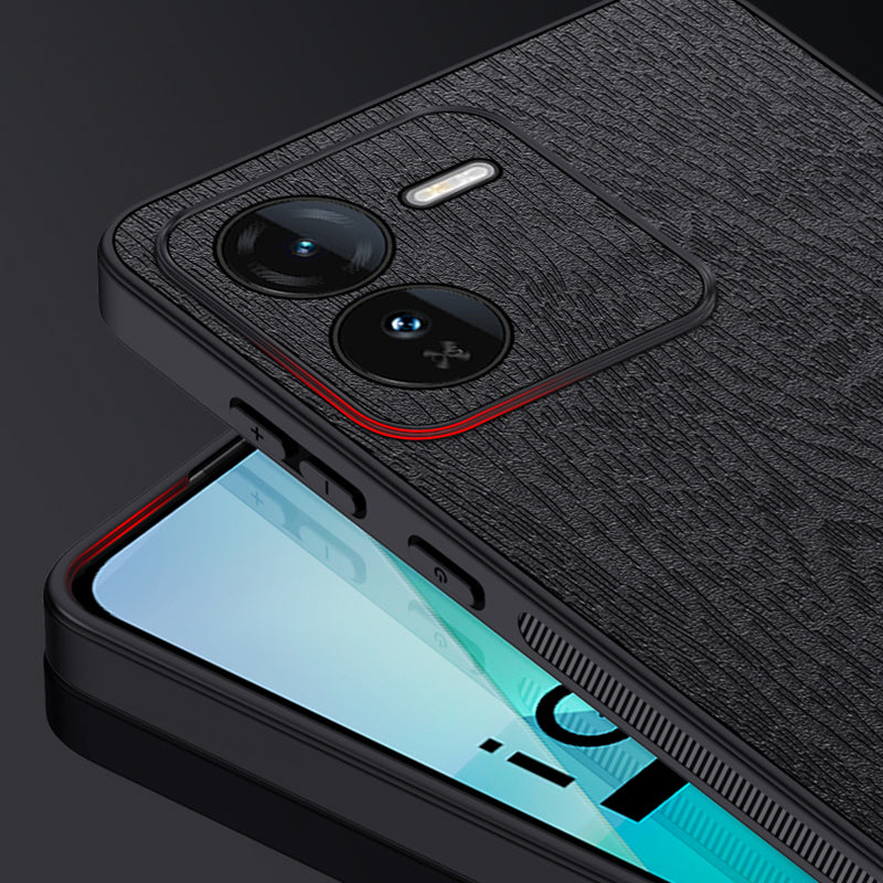 For vivo iQOO Z9 5G Case Wood Texture Leather Coating PC+TPU Bump Proof Phone Shell - Black