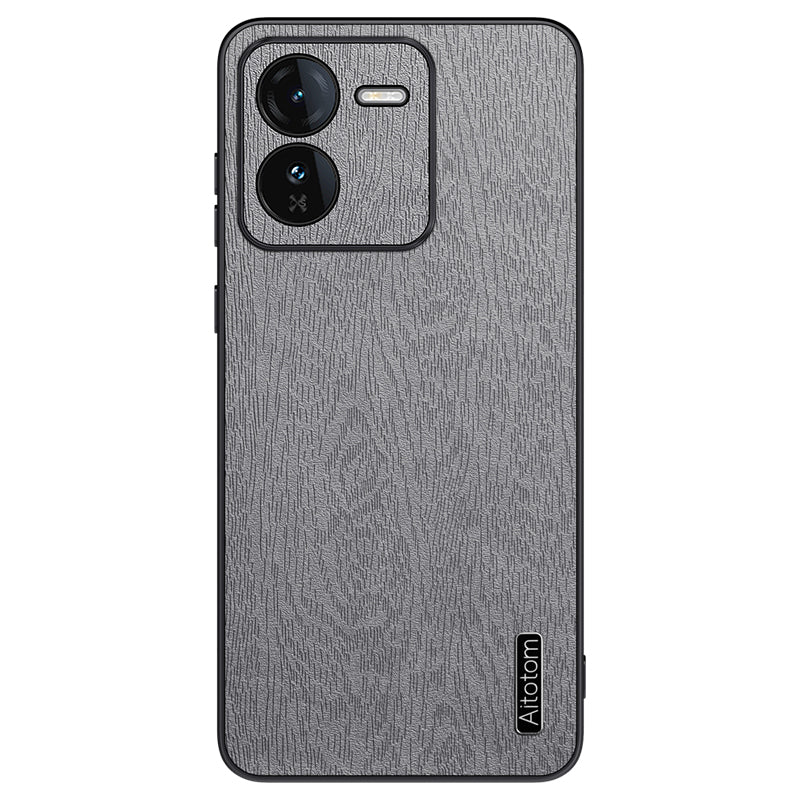 For vivo iQOO Z9 5G Case Wood Texture Leather Coating PC+TPU Bump Proof Phone Shell - Grey