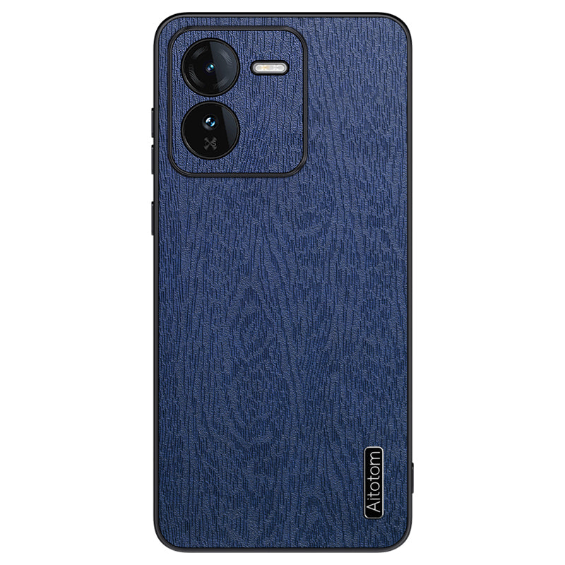 For vivo iQOO Z9 5G Case Wood Texture Leather Coating PC+TPU Bump Proof Phone Shell - Blue