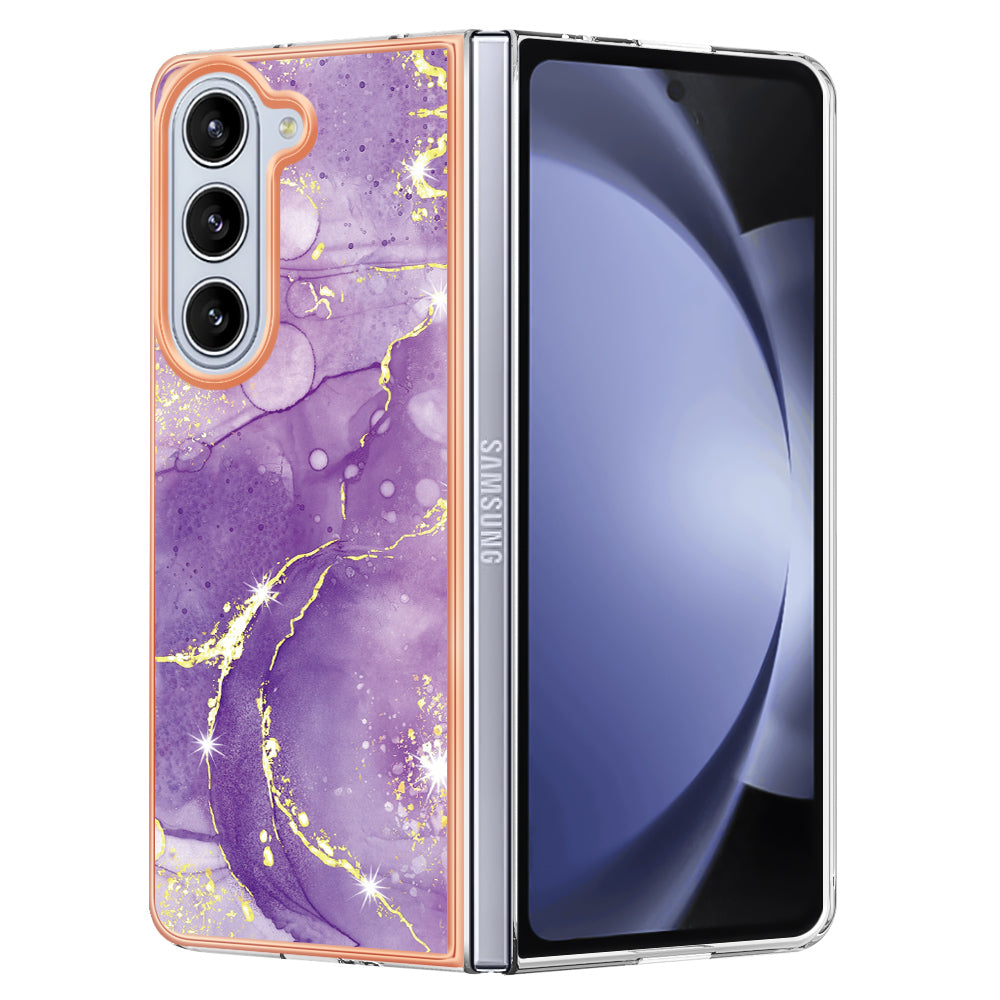 YB IMD Series-2 For Samsung Galaxy Z Fold5 5G Case Electroplating Marble Pattern Slim Phone Shell - Purple 002