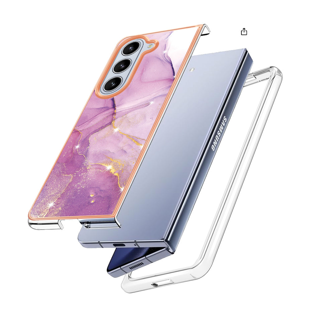 YB IMD Series-2 For Samsung Galaxy Z Fold 5G Case Electroplating Marble Pattern Slim Phone Shell - Purple 001