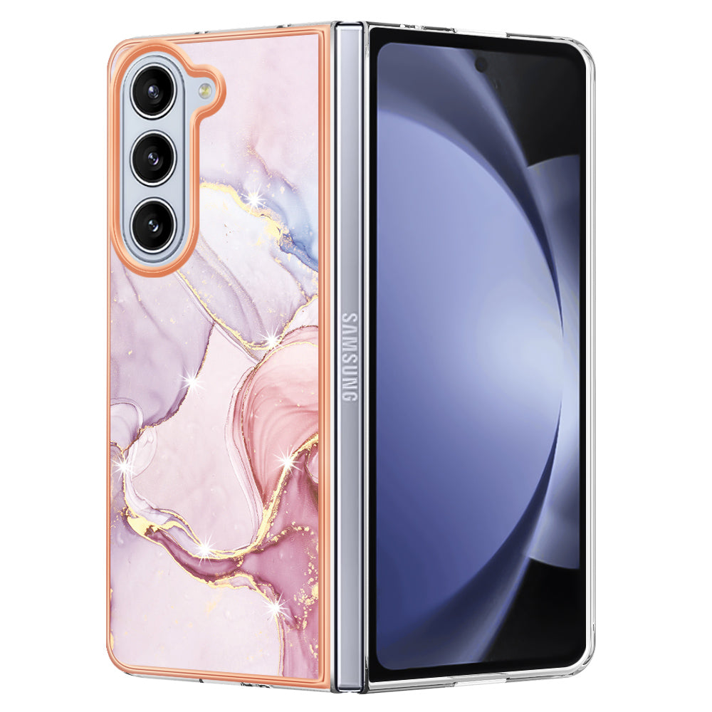 YB IMD Series-2 For Samsung Galaxy Z Fold 5G Case Electroplating Marble Pattern Slim Phone Shell - Rose Gold 005