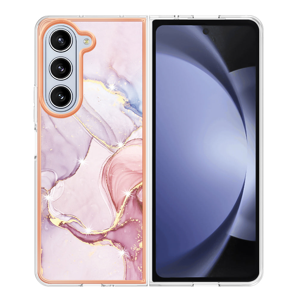 YB IMD Series-2 For Samsung Galaxy Z Fold 5G Case Electroplating Marble Pattern Slim Phone Shell - Rose Gold 005