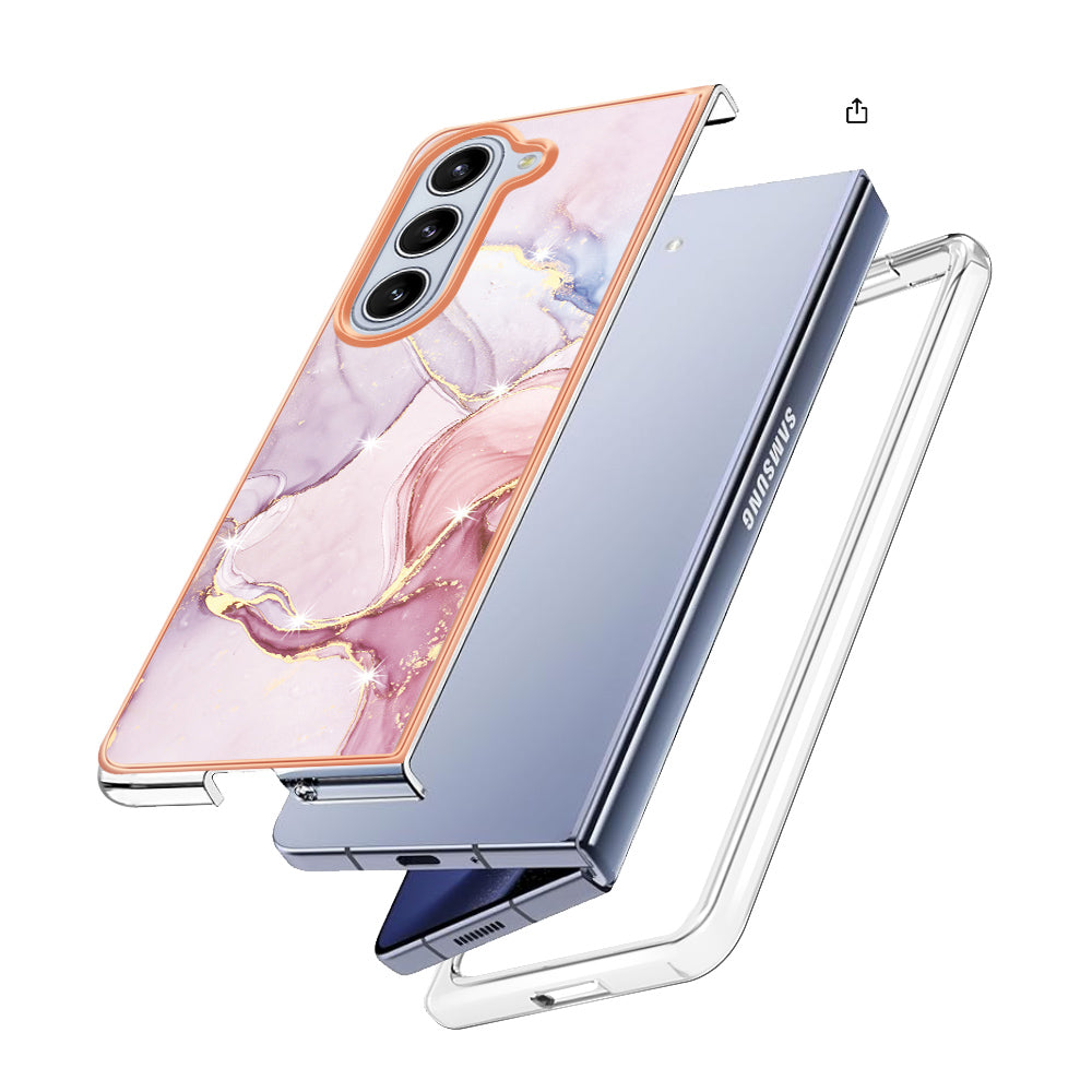 YB IMD Series-2 For Samsung Galaxy Z Fold 5G Case Electroplating Marble Pattern Slim Phone Shell - Rose Gold 005