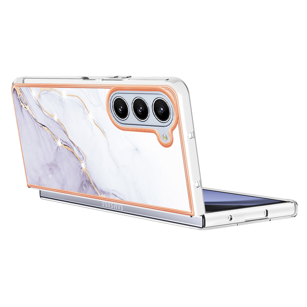 YB IMD Series-2 For Samsung Galaxy Z Fold 5G Case Electroplating Marble Pattern Slim Phone Shell - White 006