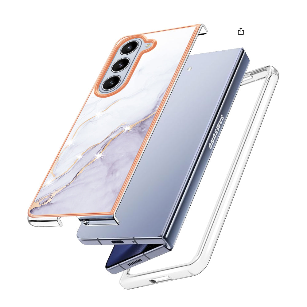 YB IMD Series-2 For Samsung Galaxy Z Fold 5G Case Electroplating Marble Pattern Slim Phone Shell - White 006