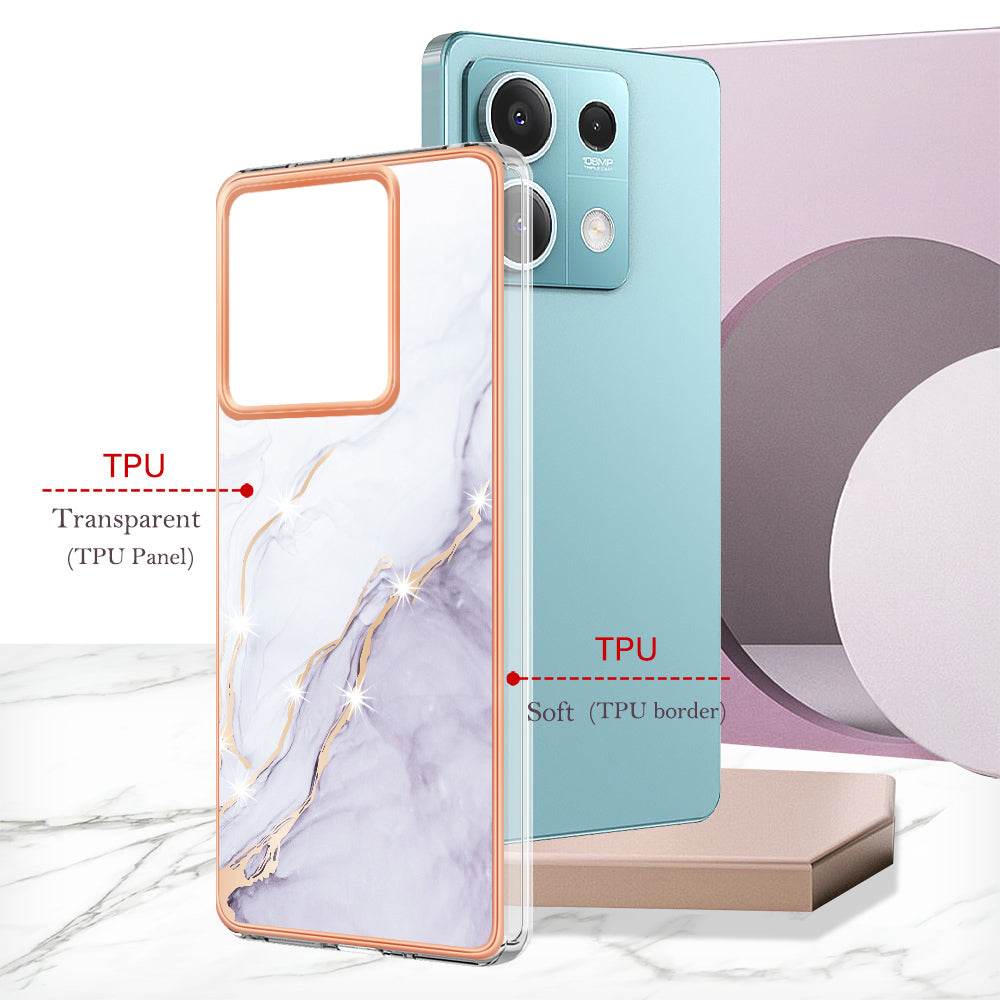 YB IMD Series-2 For Xiaomi Redmi Note 13 5G Phone Case Marble Pattern Electroplating Frame TPU Cover - White 006