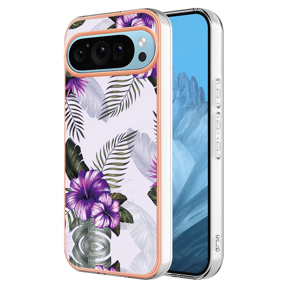 YB IMD Series-1 For Google Pixel 9 Case IMD TPU Phone Cover Electroplating Edge - Purple Flower