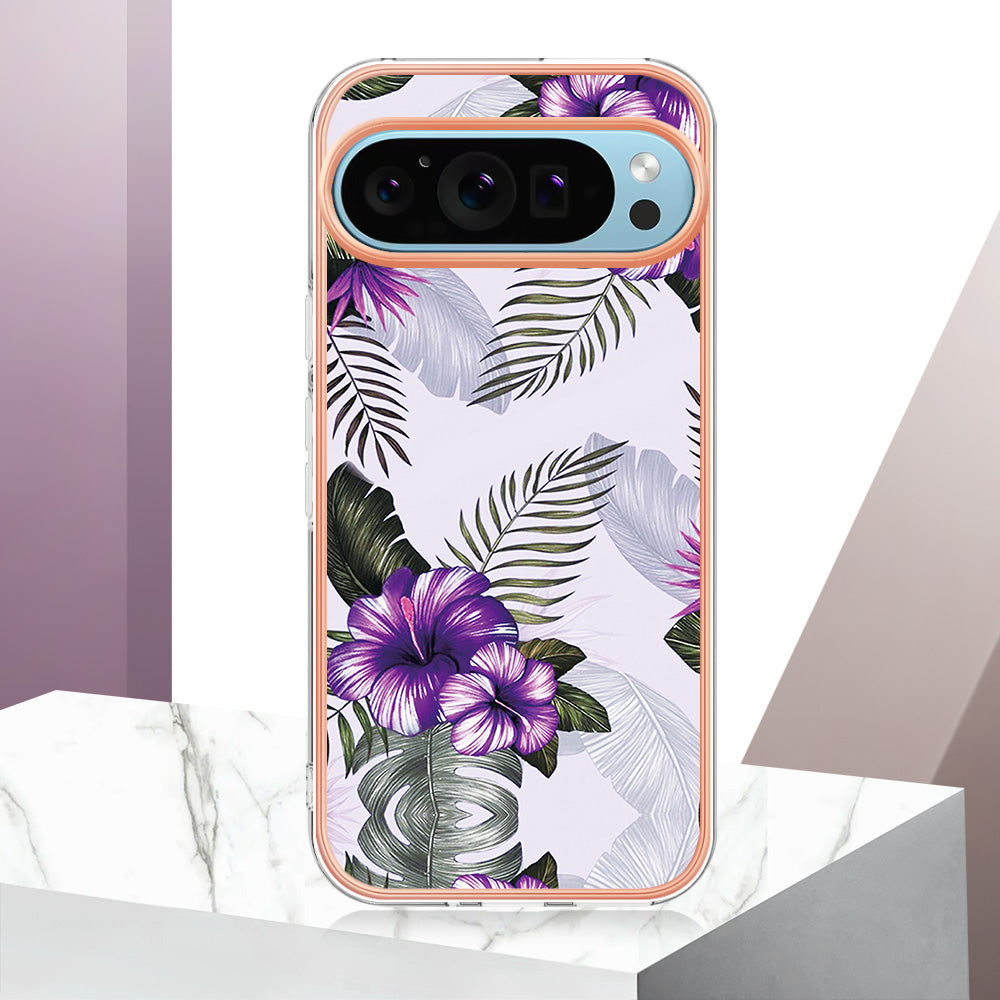 YB IMD Series-1 For Google Pixel 9 Case IMD TPU Phone Cover Electroplating Edge - Purple Flower