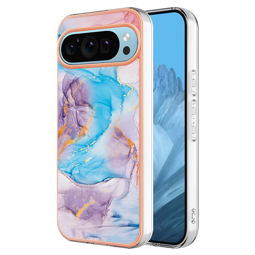 YB IMD Series-1 For Google Pixel 9 Case IMD TPU Phone Cover Electroplating Edge - Milky Way Marble Blue