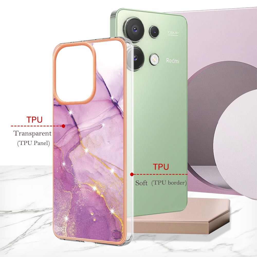 YB IMD Series-2 For Xiaomi Redmi Note 13 4G Back Case Marble Pattern Electroplated Frame TPU Phone Shell - Purple 001