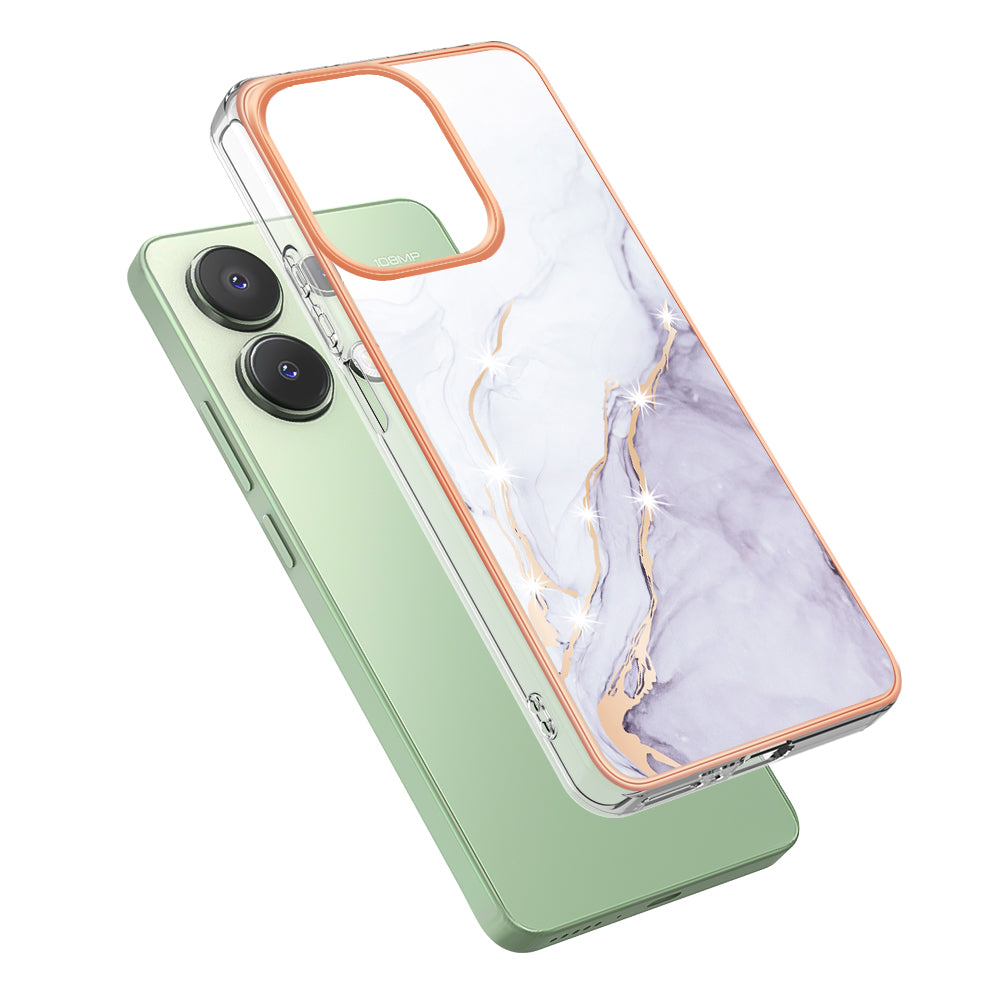 YB IMD Series-2 For Xiaomi Redmi Note 13 4G Back Case Marble Pattern Electroplated Frame TPU Phone Shell - White 006