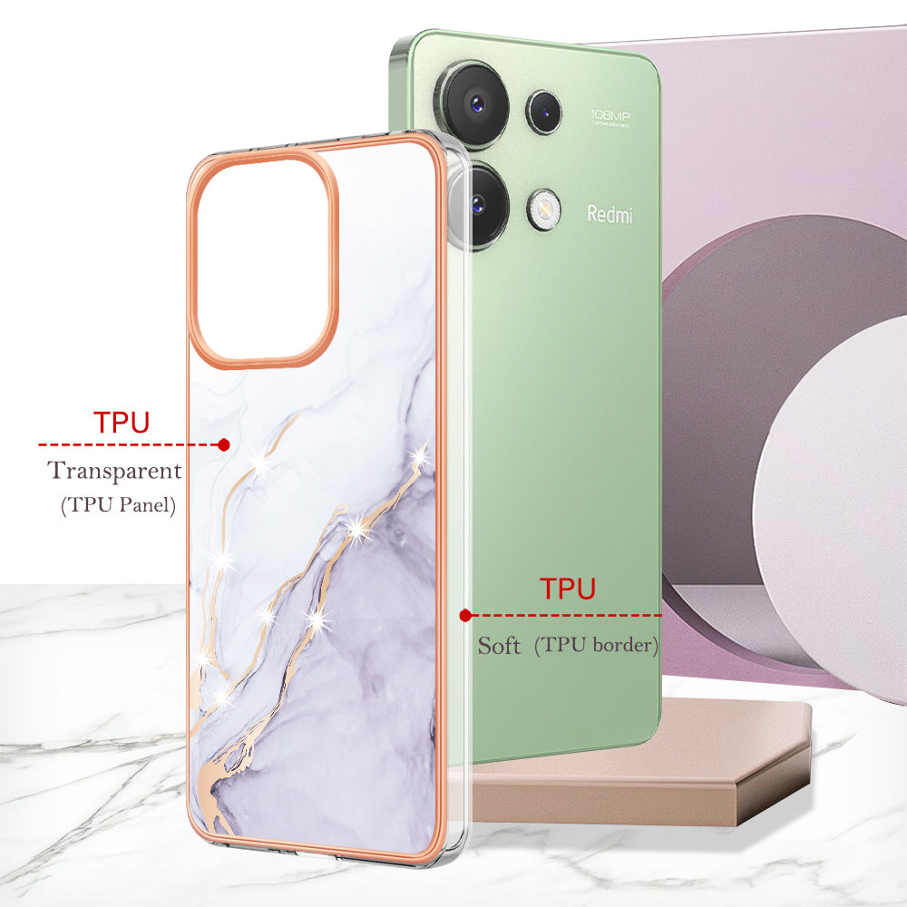 YB IMD Series-2 For Xiaomi Redmi Note 13 4G Back Case Marble Pattern Electroplated Frame TPU Phone Shell - White 006