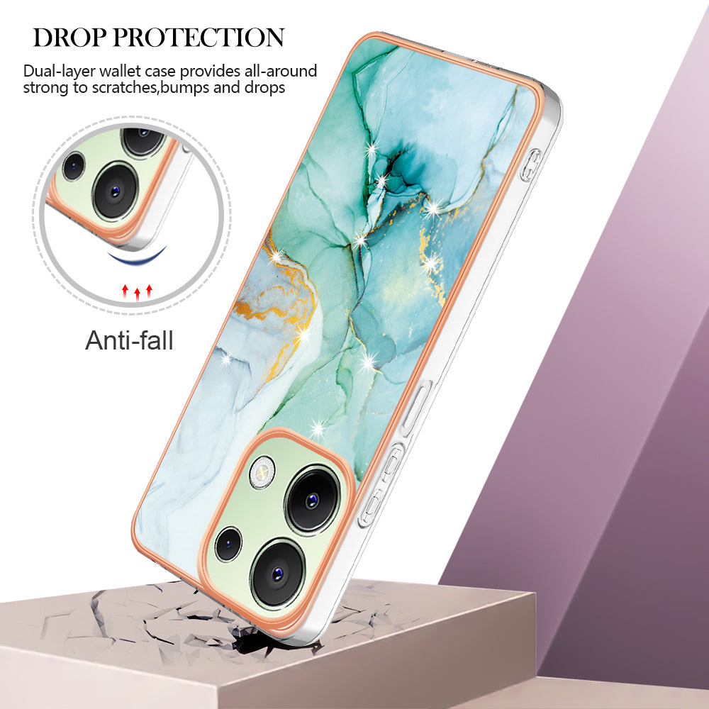 YB IMD Series-2 For Xiaomi Redmi Note 13 4G Back Case Marble Pattern Electroplated Frame TPU Phone Shell - Green 003