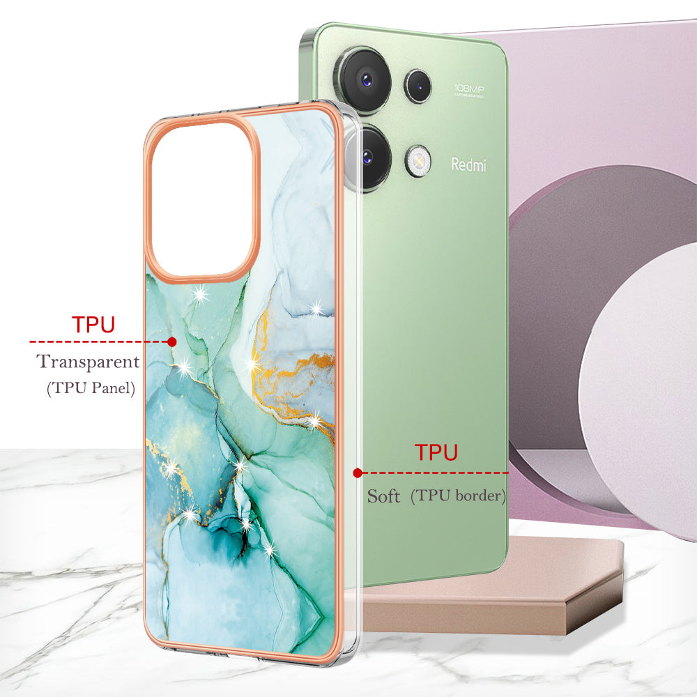 YB IMD Series-2 For Xiaomi Redmi Note 13 4G Back Case Marble Pattern Electroplated Frame TPU Phone Shell - Green 003