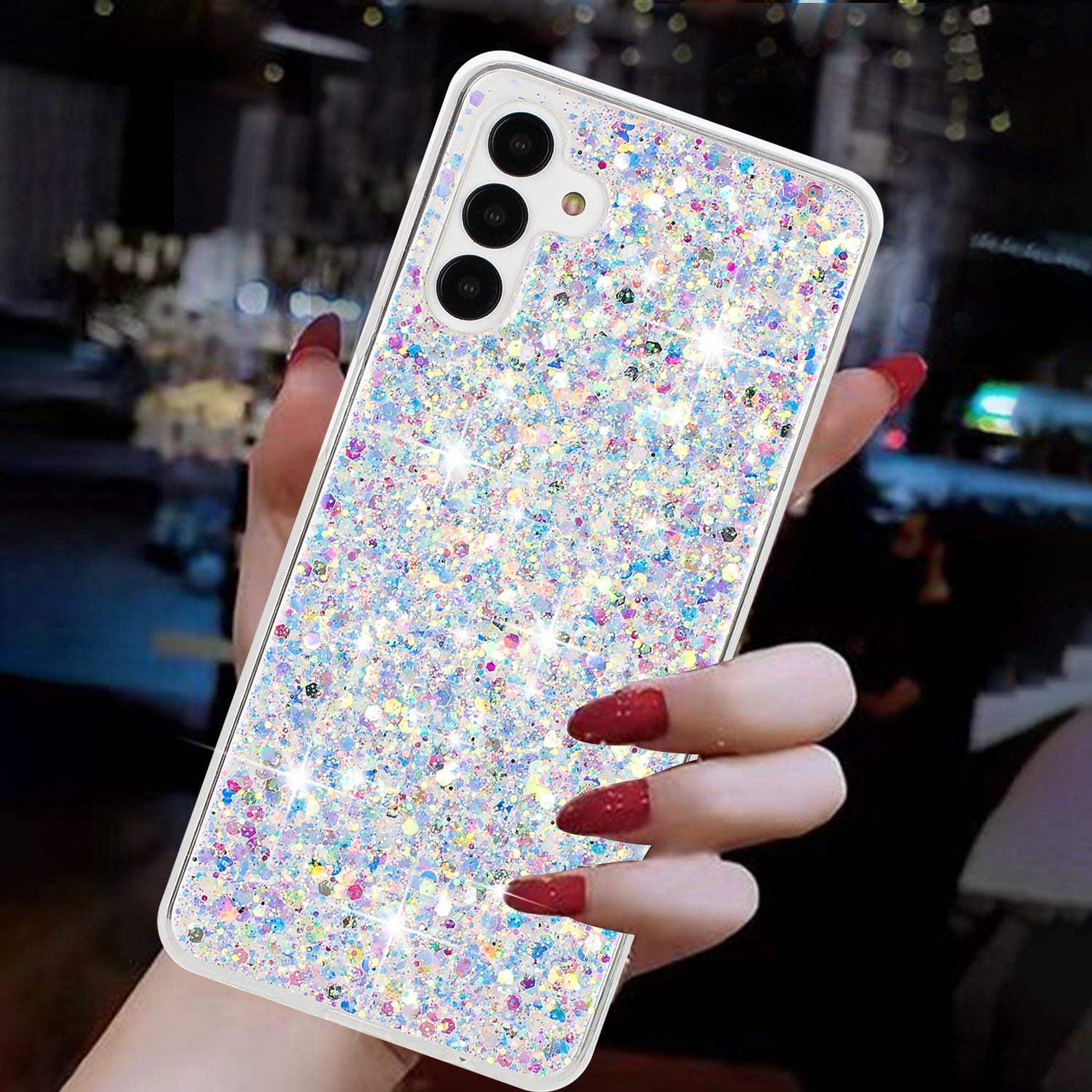 For Samsung Galaxy A55 5G Anti-Scratch Phone Cover Epoxy Glittery Powder TPU Phone Case - White