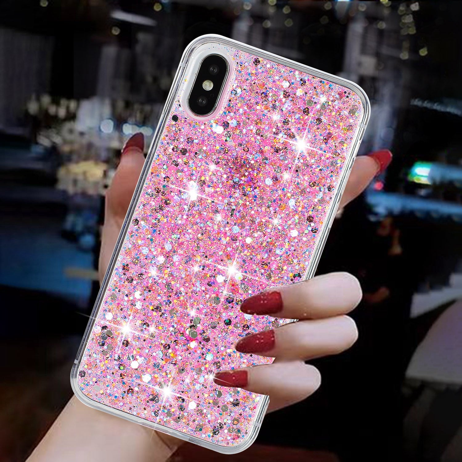 For iPhone X / XS Max Cell Phone Cover Sparkle Epoxy Drop Proof TPU Case - Pink