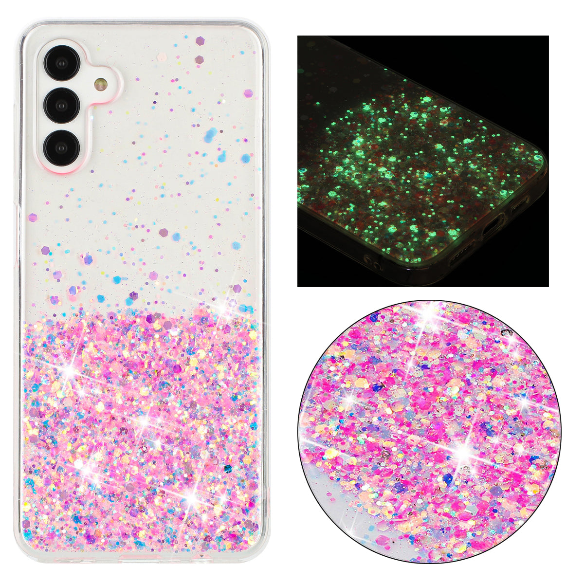 For Samsung Galaxy A15 5G Soft TPU Case Glitter Sparkle Epoxy Glow In The Dark Phone Cover - Pink