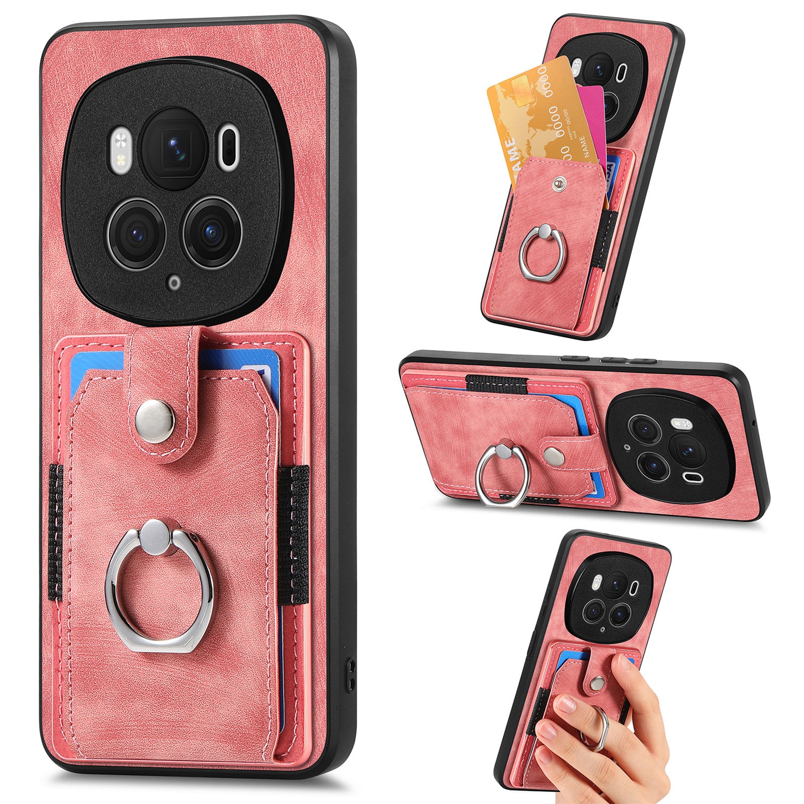 D2 for Honor Magic6 Pro 5G Case Card Slots Retro Leather Coated TPU Kickstand Cover - Pink