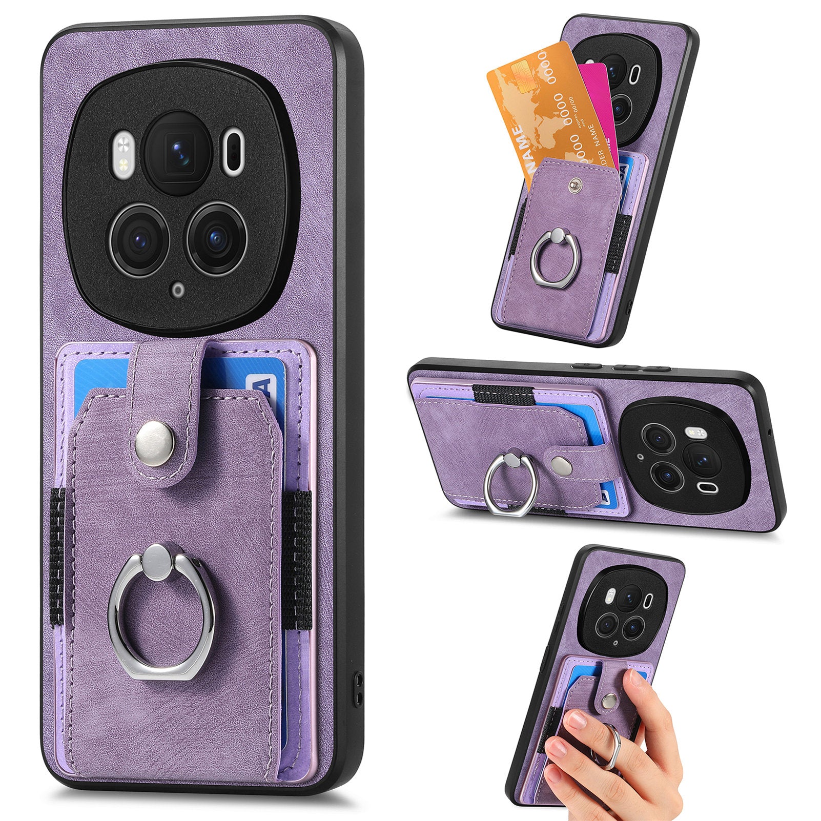 D2 for Honor Magic6 Pro 5G Case Card Slots Retro Leather Coated TPU Kickstand Cover - Purple