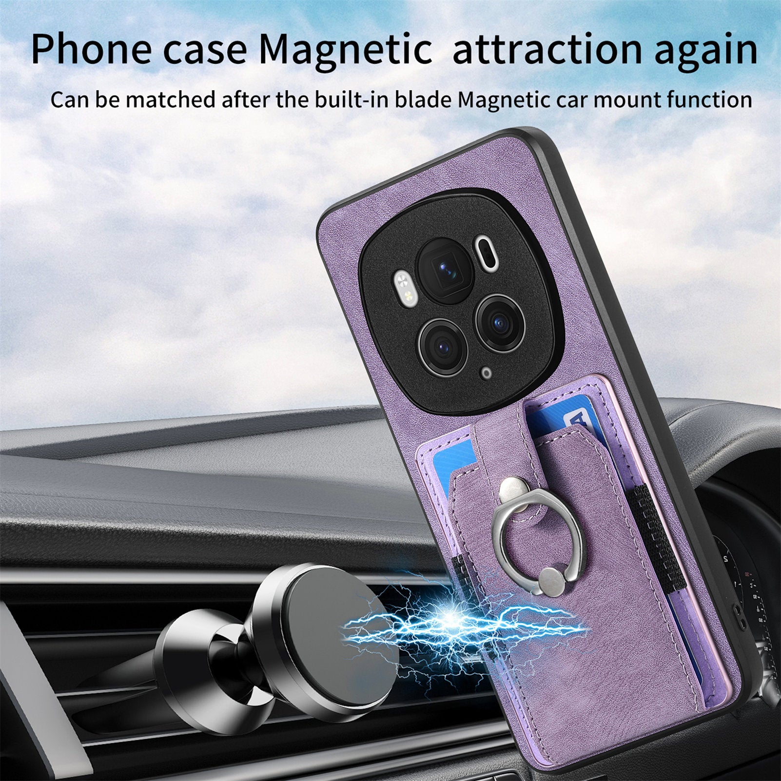 D2 for Honor Magic6 Pro 5G Case Card Slots Retro Leather Coated TPU Kickstand Cover - Purple