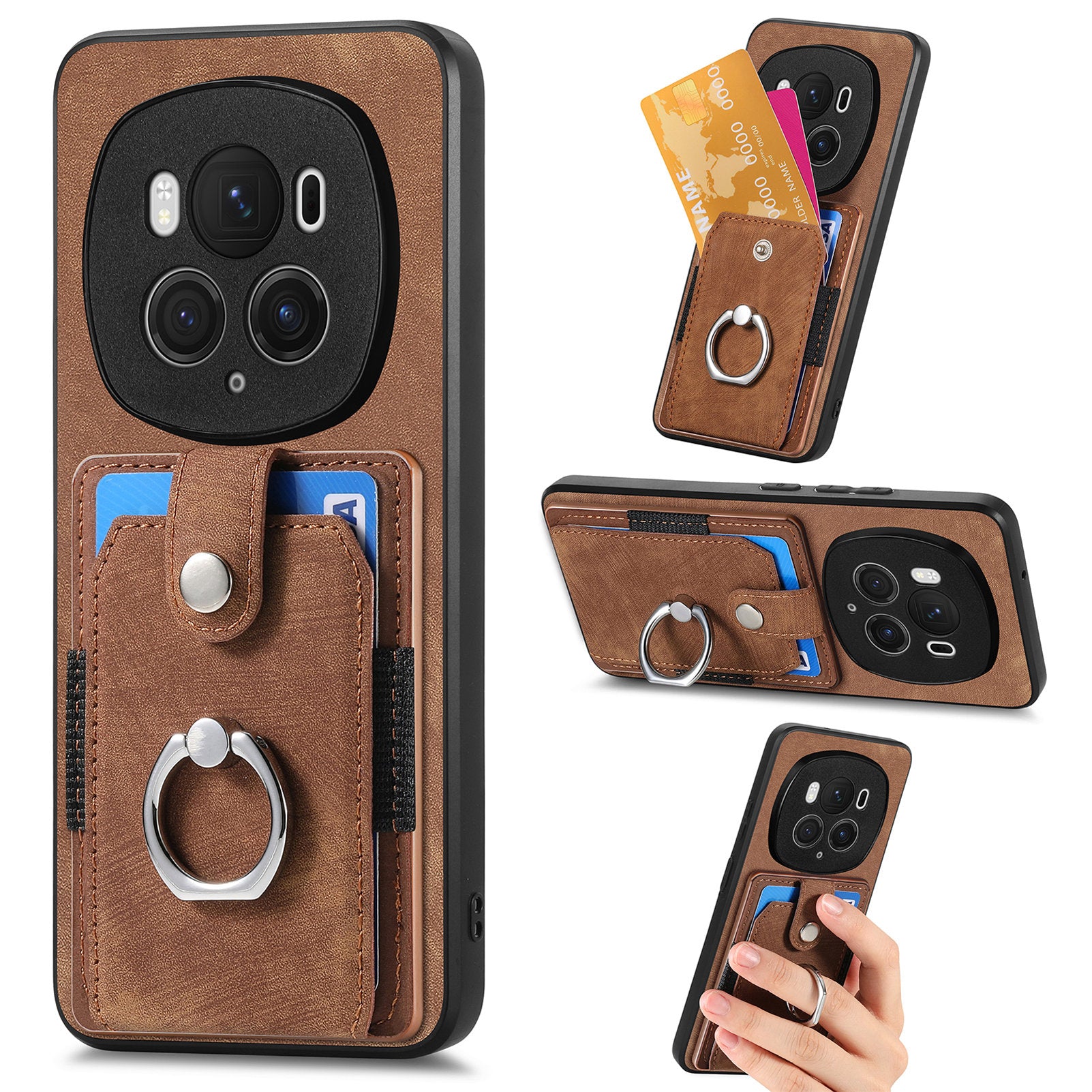 D2 for Honor Magic6 Pro 5G Case Card Slots Retro Leather Coated TPU Kickstand Cover - Brown