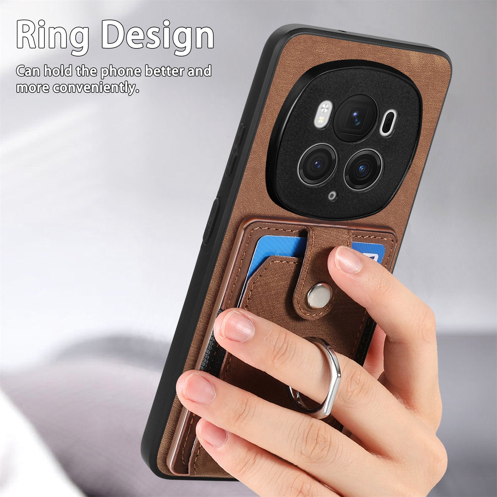 D2 for Honor Magic6 Pro 5G Case Card Slots Retro Leather Coated TPU Kickstand Cover - Brown
