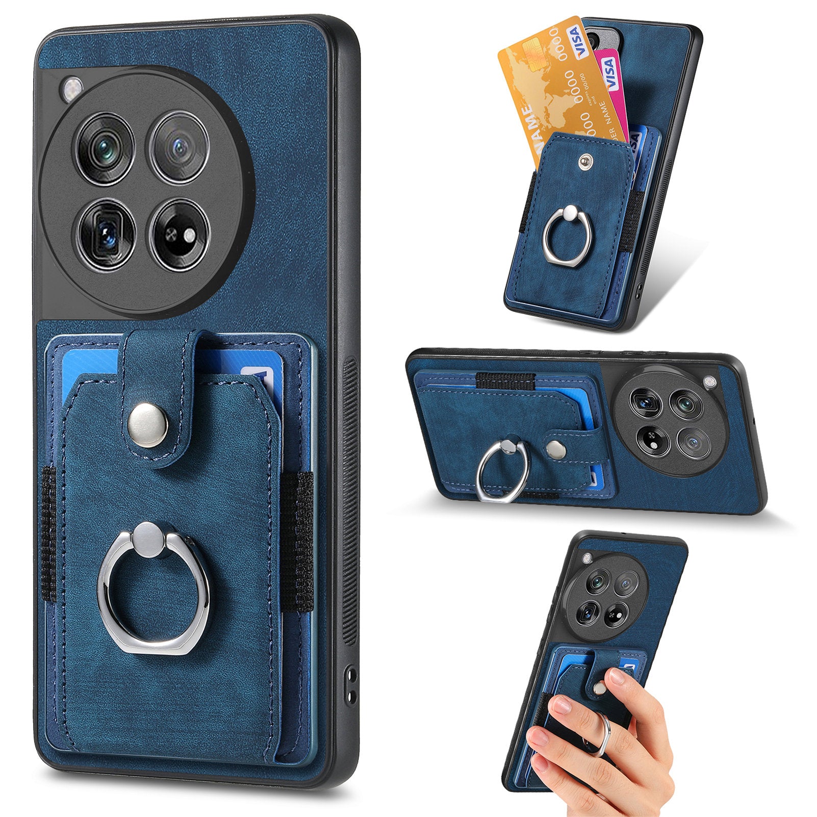 D2 Phone Cover for OnePlus 12 5G Case Retro Drop-resistant Leather+TPU Kickstand Shell - Blue