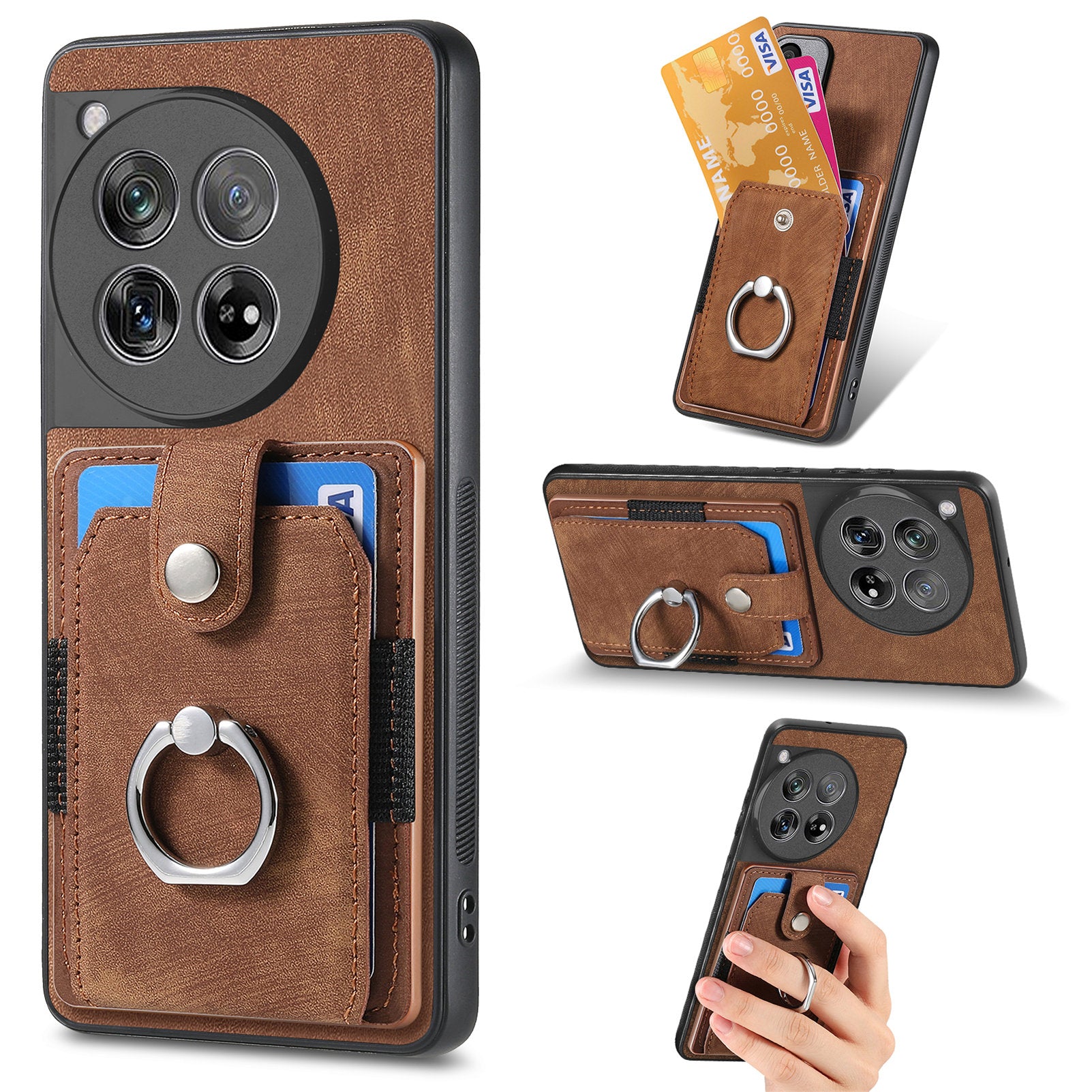 D2 Phone Cover for OnePlus 12 5G Case Retro Drop-resistant Leather+TPU Kickstand Shell - Brown