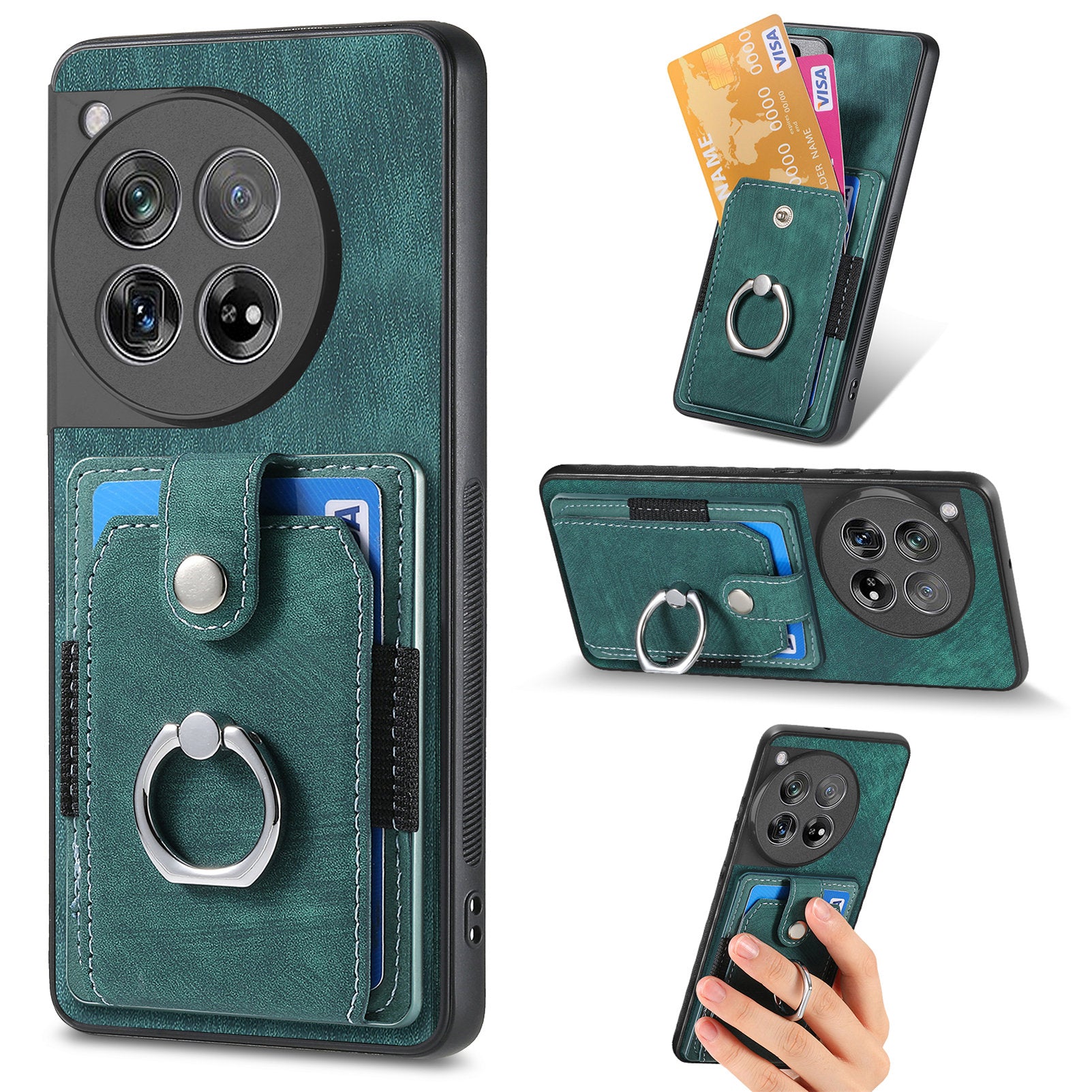 D2 Phone Cover for OnePlus 12 5G Case Retro Drop-resistant Leather+TPU Kickstand Shell - Green