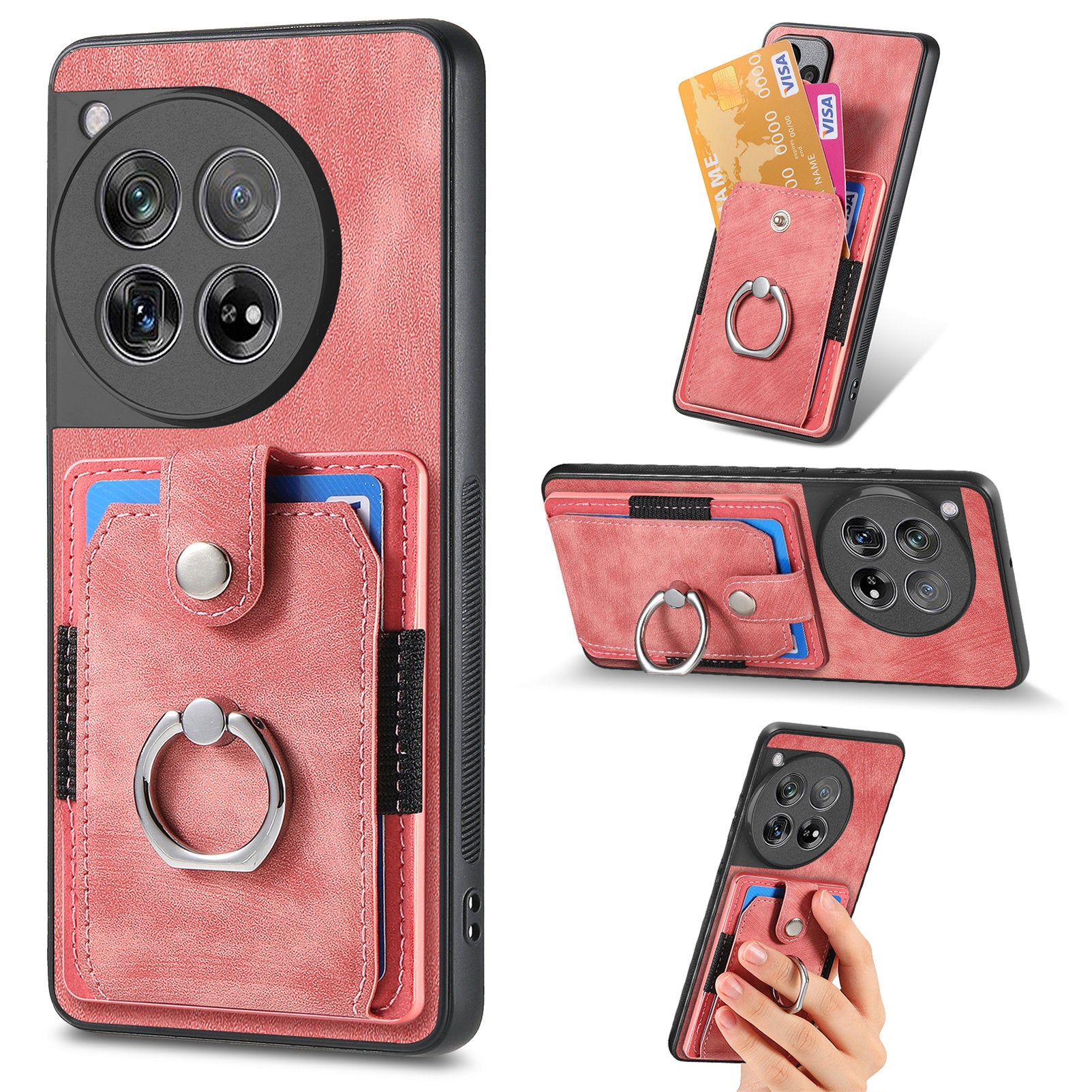 D2 Phone Cover for OnePlus 12 5G Case Retro Drop-resistant Leather+TPU Kickstand Shell - Pink