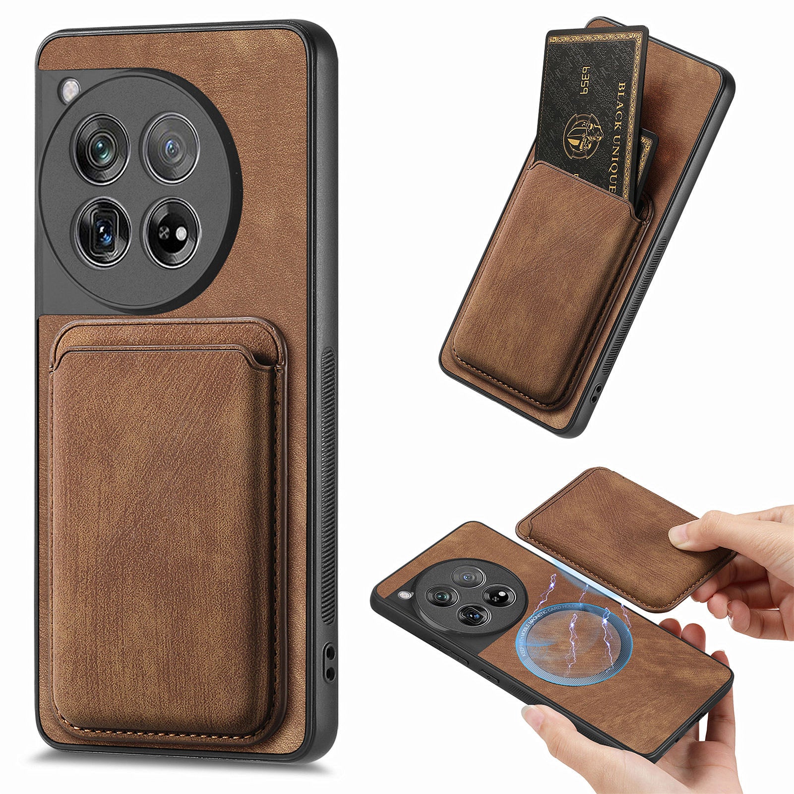 D12 For OnePlus 12 5G Case Vintage PU Leather+TPU Phone Cover with Magnetic Card Slot - Brown