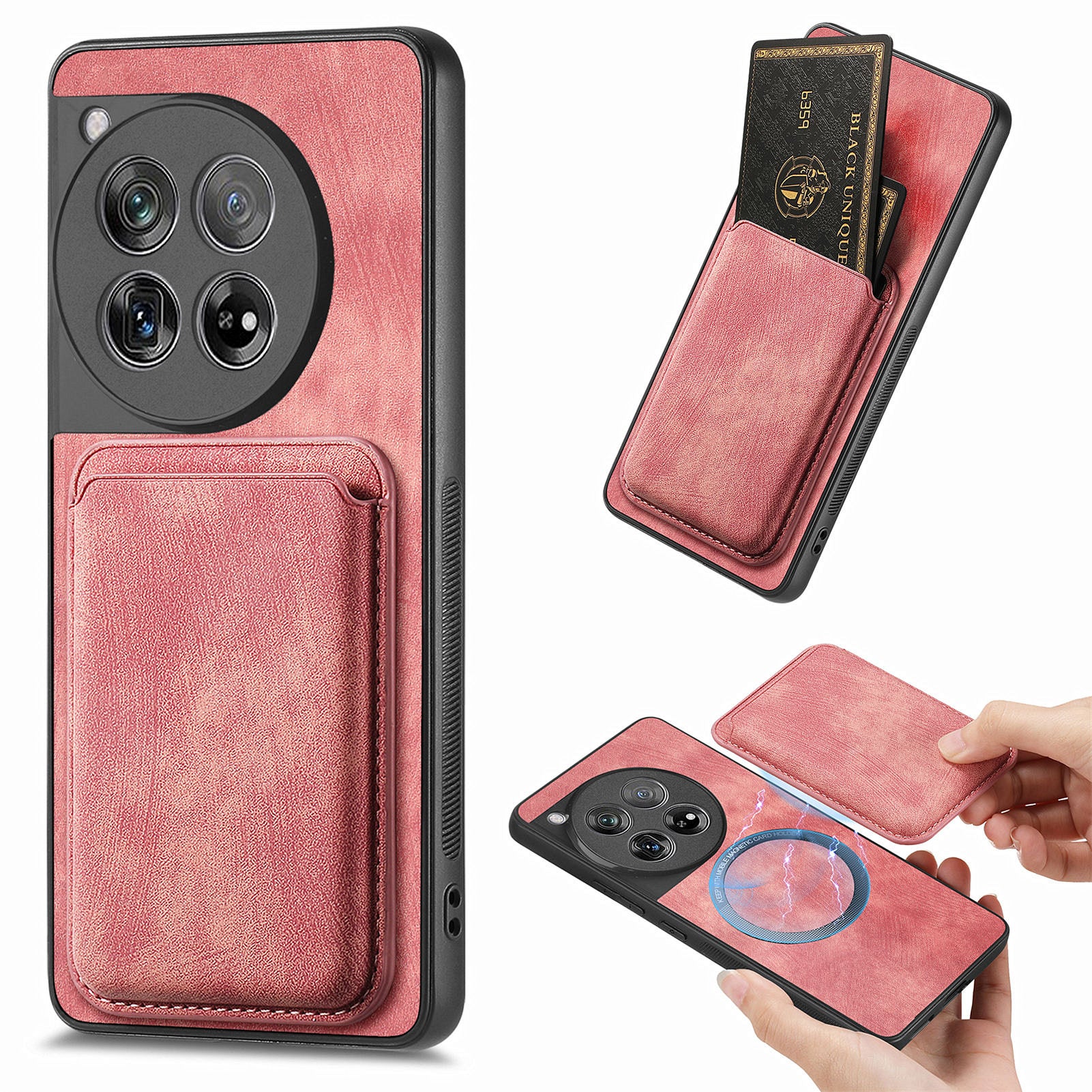 D12 For OnePlus 12 5G Case Vintage PU Leather+TPU Phone Cover with Magnetic Card Slot - Pink