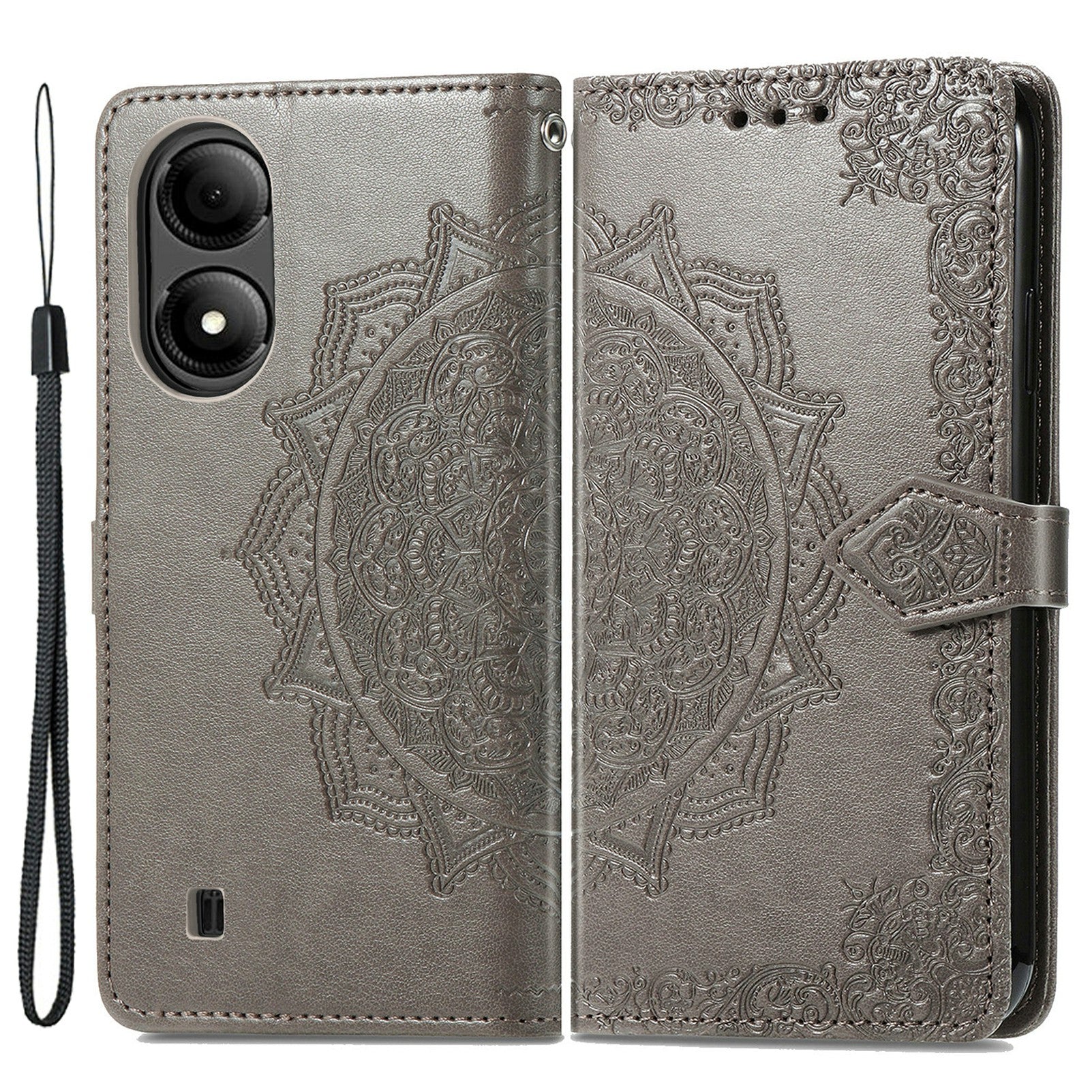 For ZTE Blade A33S PU Leather Case Embossed Mandala Stand Wallet Phone Cover - Grey