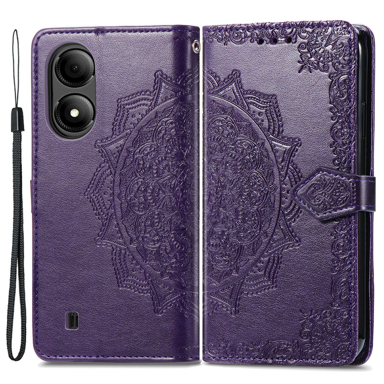 For ZTE Blade A33S PU Leather Case Embossed Mandala Stand Wallet Phone Cover - Purple