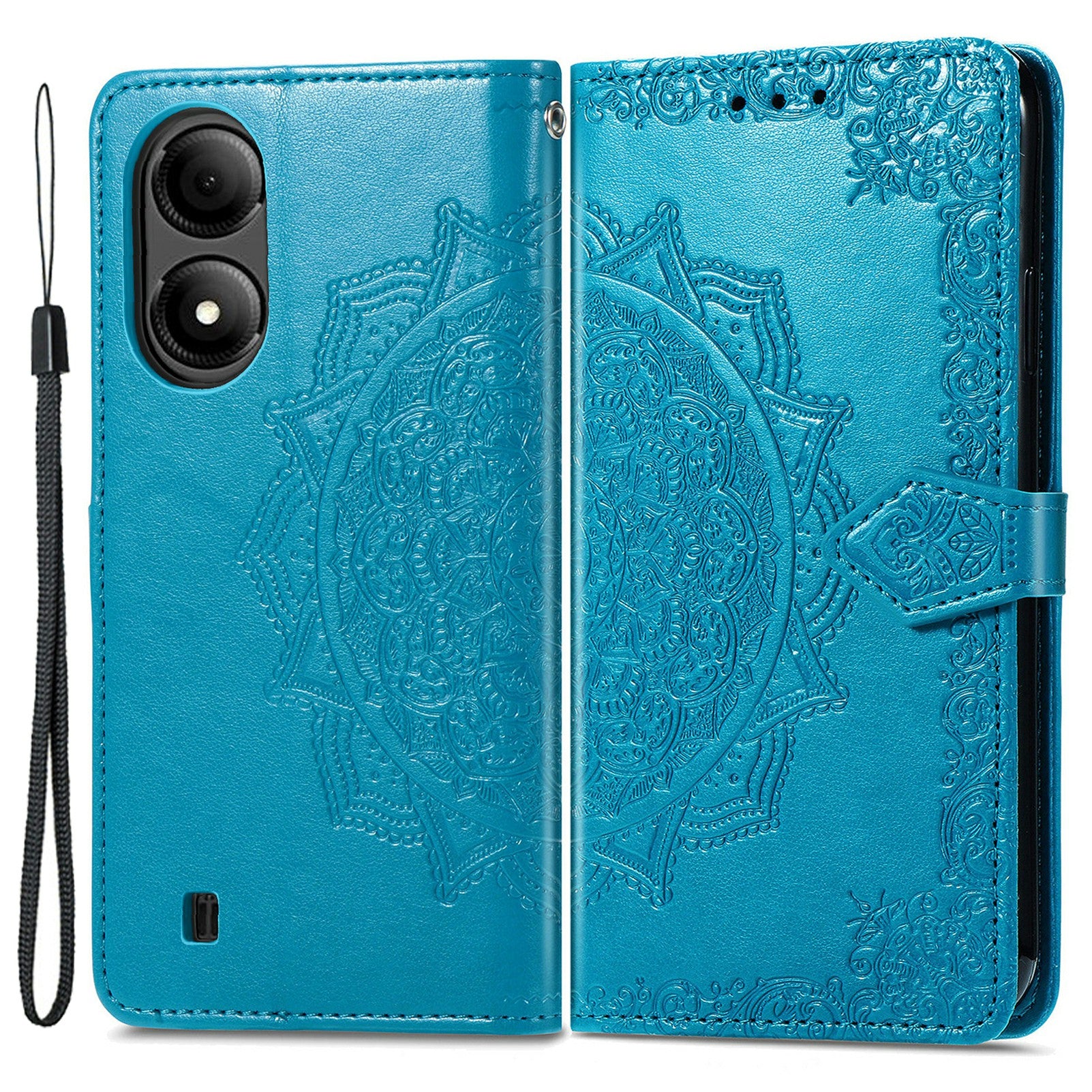 For ZTE Blade A33S PU Leather Case Embossed Mandala Stand Wallet Phone Cover - Blue