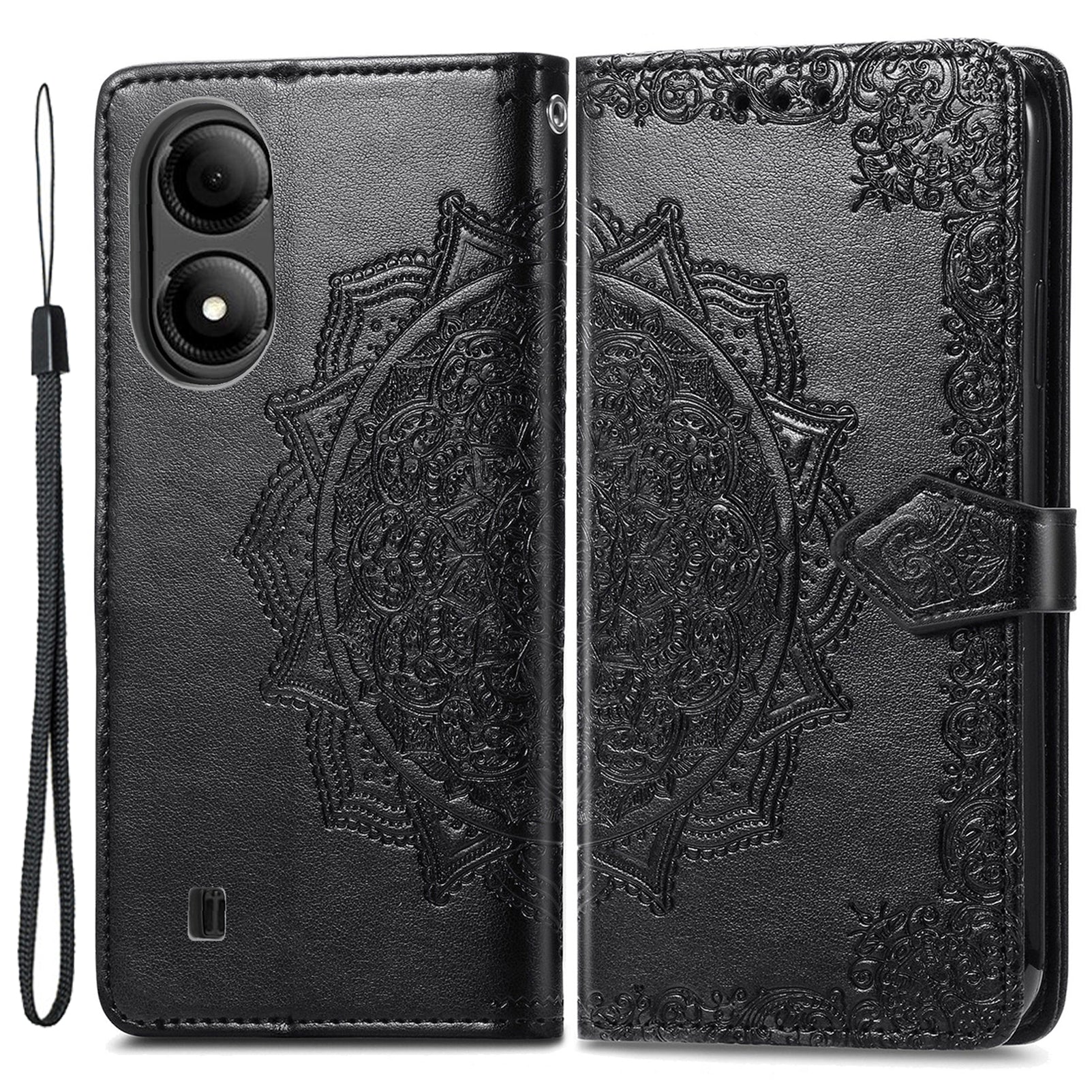 For ZTE Blade A33S PU Leather Case Embossed Mandala Stand Wallet Phone Cover - Black