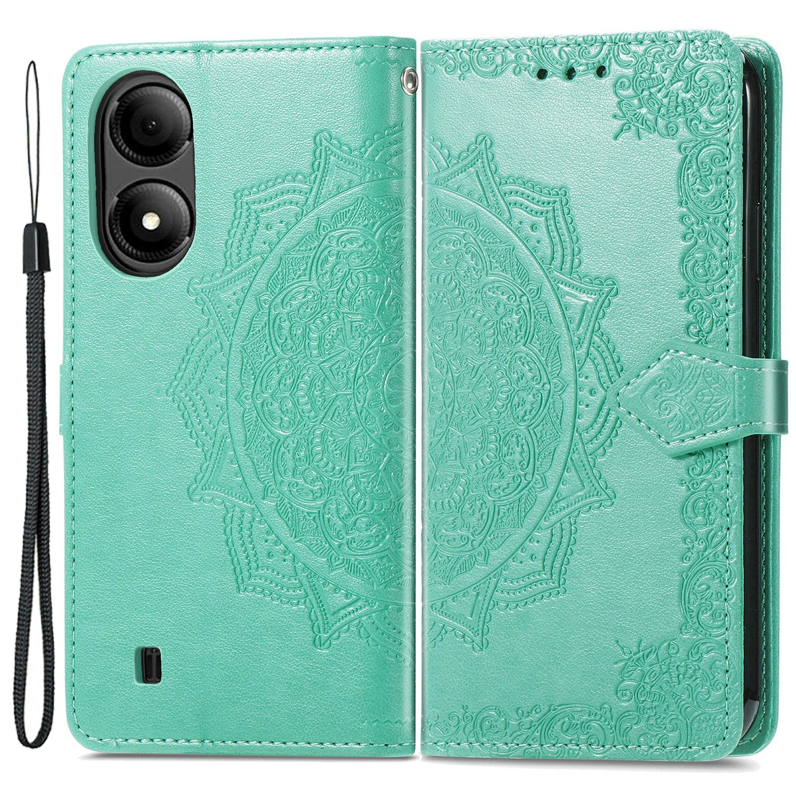 For ZTE Blade A33S PU Leather Case Embossed Mandala Stand Wallet Phone Cover - Mint Green