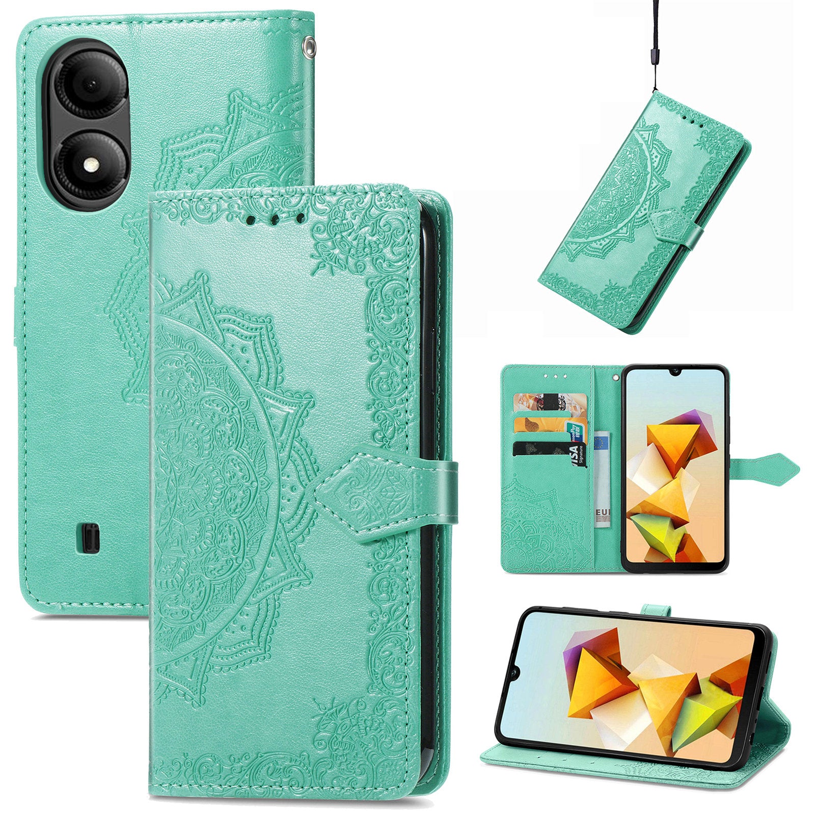 For ZTE Blade A33S PU Leather Case Embossed Mandala Stand Wallet Phone Cover - Mint Green