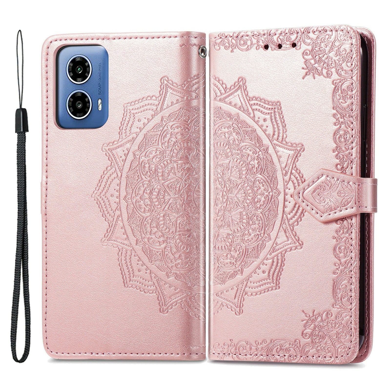 For Motorola Moto G34 5G Cell Phone Cover Emboss Mandala Flower PU Leather Wallet Case - Rose Gold