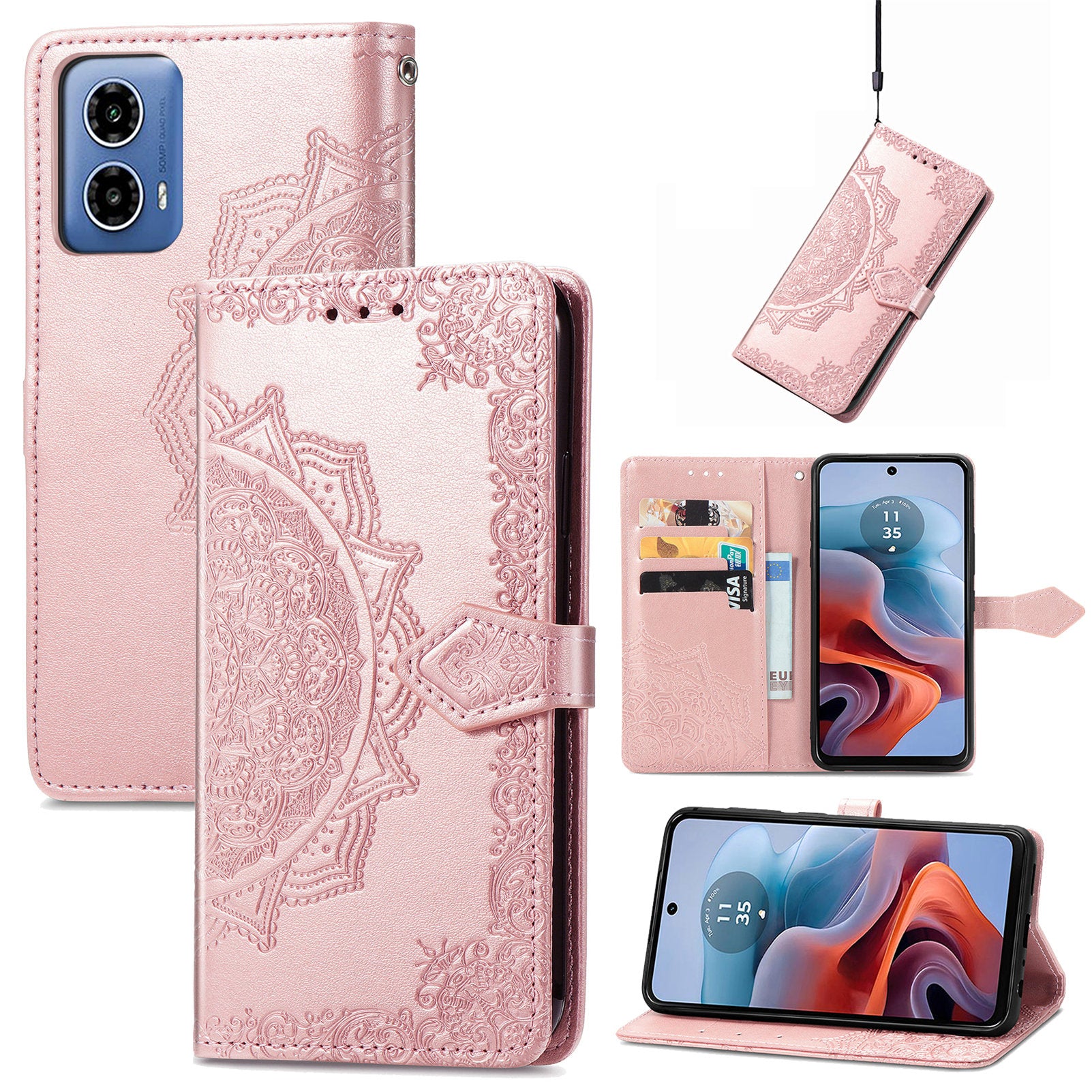 For Motorola Moto G34 5G Cell Phone Cover Emboss Mandala Flower PU Leather Wallet Case - Rose Gold