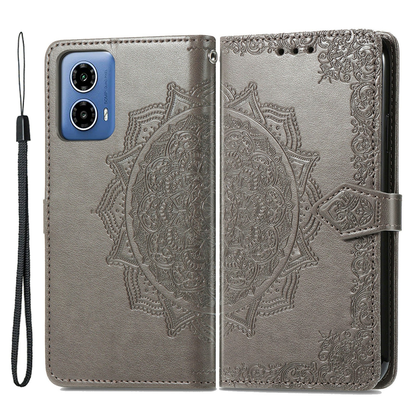 For Motorola Moto G34 5G Cell Phone Cover Emboss Mandala Flower PU Leather Wallet Case - Grey