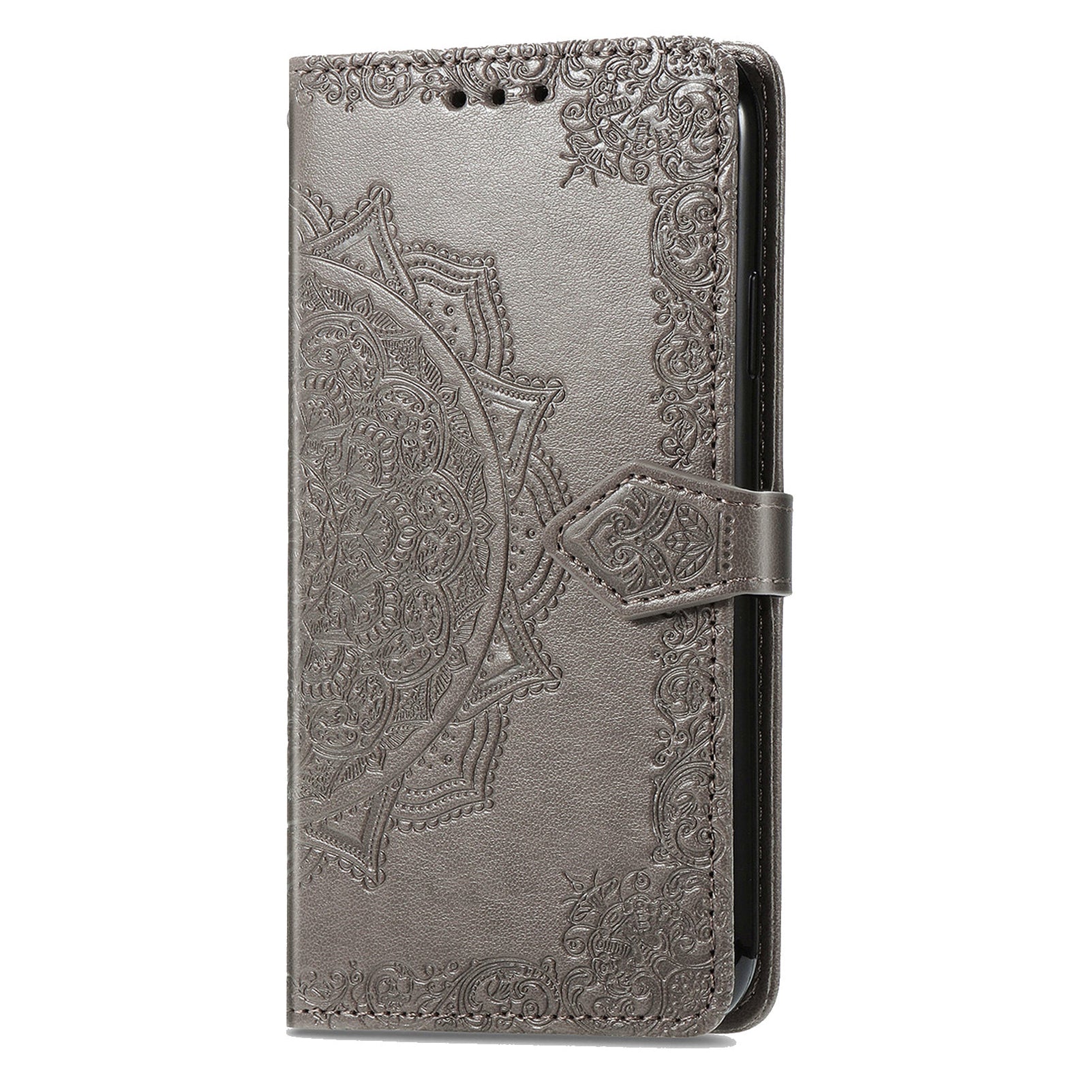 For Motorola Moto G34 5G Cell Phone Cover Emboss Mandala Flower PU Leather Wallet Case - Grey
