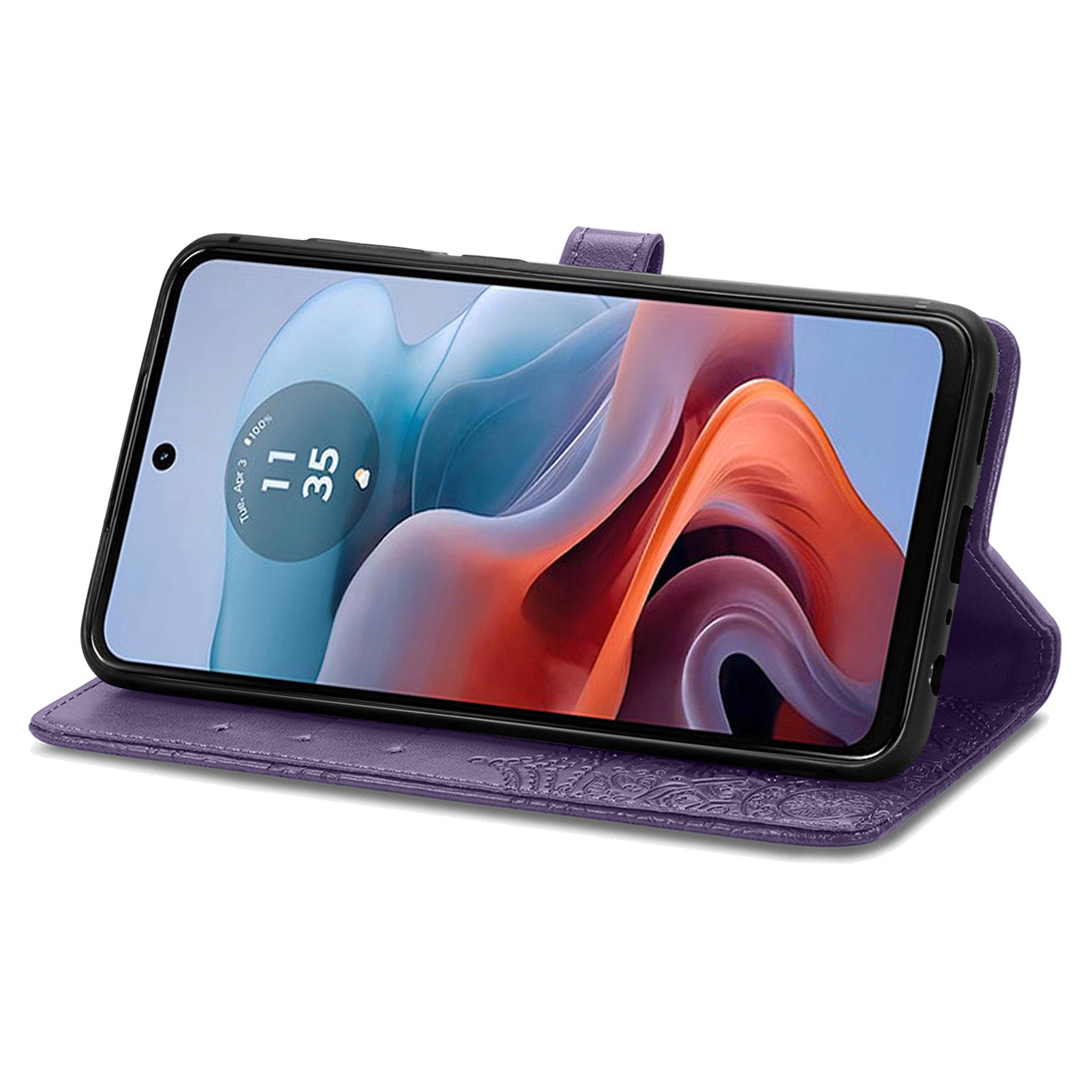 For Motorola Moto G34 5G Cell Phone Cover Emboss Mandala Flower PU Leather Wallet Case - Purple