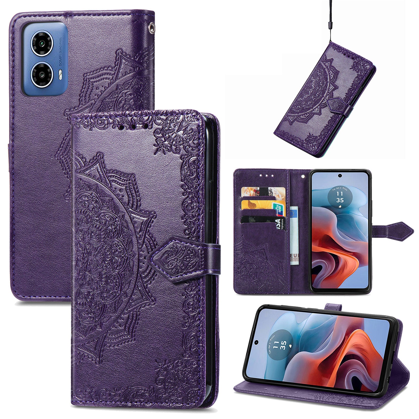 For Motorola Moto G34 5G Cell Phone Cover Emboss Mandala Flower PU Leather Wallet Case - Purple